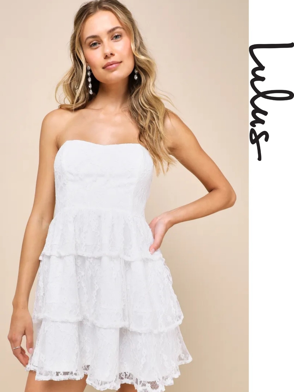 Lulu's - Sweet Perception White Lace Strapless Tiered Mini Dress - Small